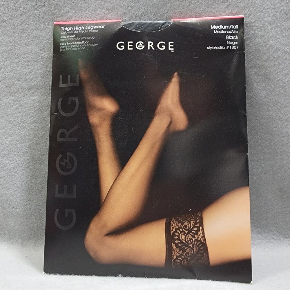 Thigh High Shear Lace Top Pantyhose Legwear Medium/Tall Black #1808 George New